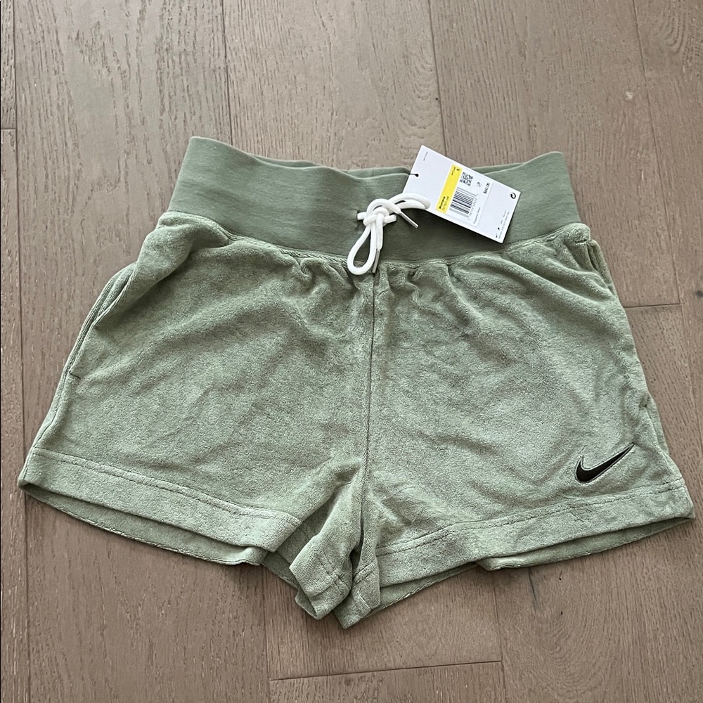 Nike Women's Sage Green Terry Lounge Shorts with Drawstring